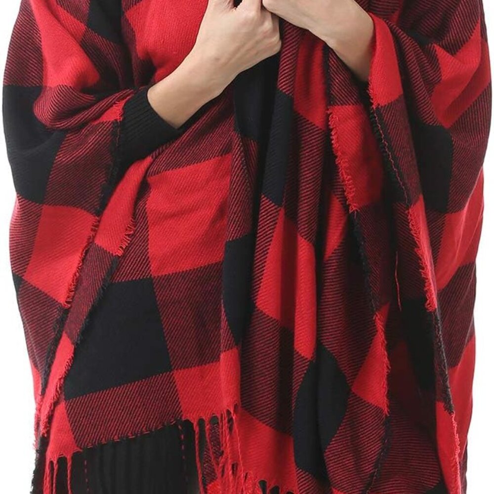 Women's Warm Shawl Wrap Open Front Poncho Cape Color Block Shawls Winter Cardiga - Picture 3 of 7